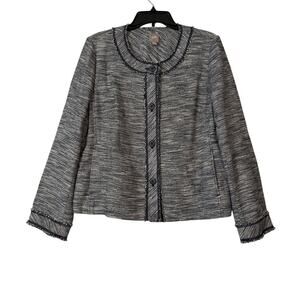 J.Jill Tweed  Black Gray Fringe Button Front Jacket Front Pockets Size Large